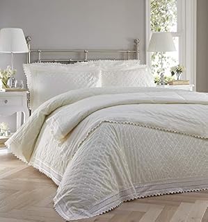 Portfolio Balmoral Quilt Duvet Cover Bed Set Broderie Anglaise Design, Cream, Single