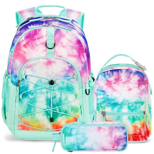 Choco Mocha Girls School Backpack with Lunch Box Tie Dye Teal Backpack Set for Teen Girls 18 Inch Backpacks 3 Pcs