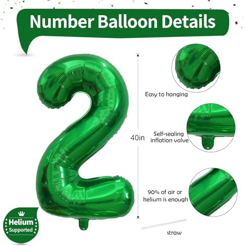 Image of 40 Inch 2nd Birthday Number Balloon, Dark Green Foil Self Inflating Balloons, Big Emerald Green Number Balloons 0-9 Set for Women Boys Birthday Party Baby Shower Anniversary Jungle Decoration Supplies