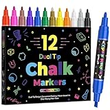 12 Dual Tip Liquid Chalk Markers - Erasable Marker Pens for Blackboard, Chalkboard Signs, Glass, Chalk Pens Wet Erase Makers for Bar Menu, School,Wedding Sign, Just Married Car Windows Decorations