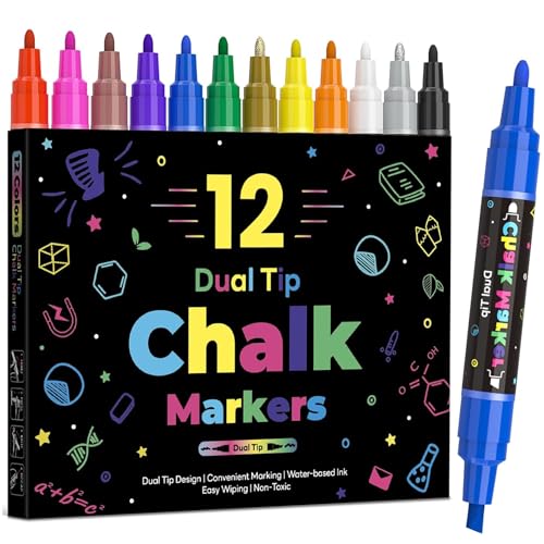 12 Dual Tip Liquid Chalk Markers - Erasable Marker Pens for Blackboard, Chalkboard Signs, Glass,...