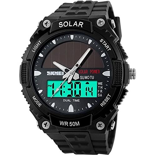 FANMIS Men's Solar Powered Casual Quartz Wrist Watch Analog Digital Multifunctional Black Sports Watch (Black)