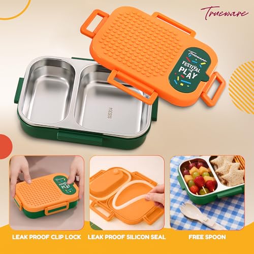Image of Trueware BRIX Fun Food and Play 304 Stainless Steel PU Insulated Lunch Box with Two Compartment BPA Free, Food Grade Ideal for School, Picnic, Office & Outdoor - 540ml