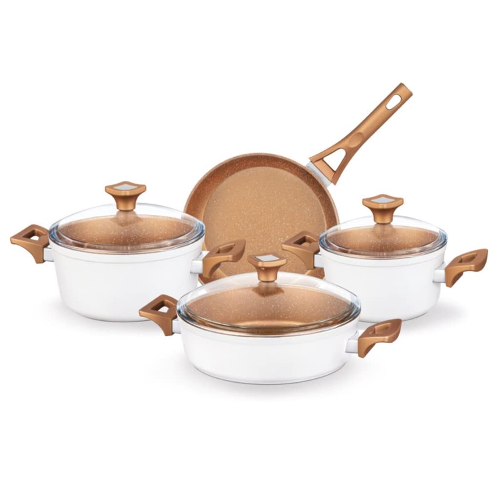 4 Pfannen 7-TLG. Set Antihaft-Pfanne Schmortopf Milchtopf Granitoptik Kochgeschirr-Set mit Glasdeckel