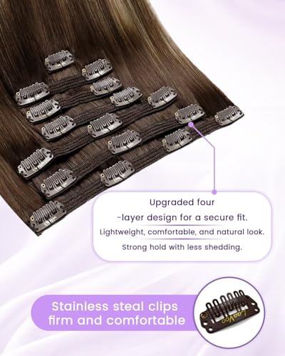 Image of LaaVoo Clip in Hair Extensions Real Human Hair Brown Balayage Human Hair Clip in Extensions Brown Ombre Human Hair Extensions Clip ins Full Head 24 Inch 7pcs /150g