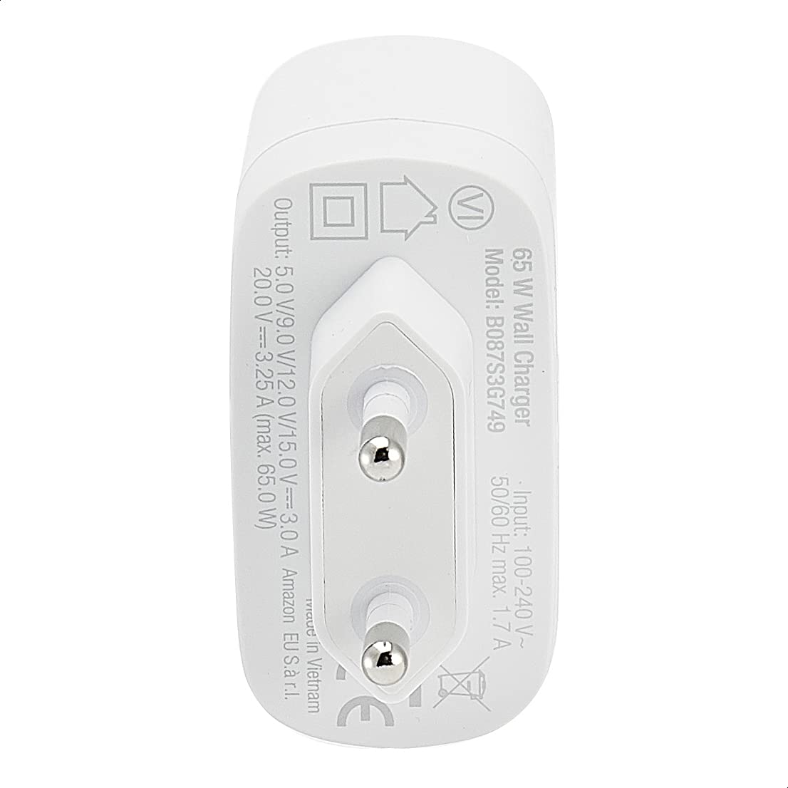 Amazon Basics - Caricabatterie USB-C da parete a 1 porta da 65 W, GaN, per laptop, tablet e telefoni cellulari con alimentazione, bianco (senza tecnologia PPS), 5,61 x 2,87 x 5 cm