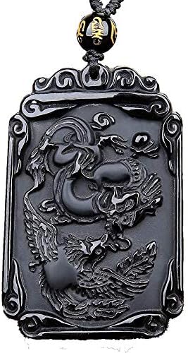 ナチュラルブラックオブシディアンビーズネックレス手彫りドラゴンフェニックスジェイドペンダントファッションチャームジュエリー縁起の良い