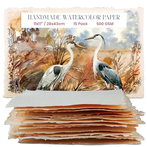 Wanderings Thick Handmade Watercolor Paper with Deckled Edge - 28x43 cm - 500GSM Premium Ivory Cold-Pressed Textured Mixed Media Paper Made with Recycled Cotton - 15 Loose Leaf Sheets