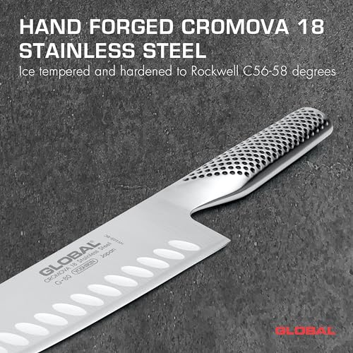 جلوبال سكين سانتوكو مخدد، 18 سم. ستانلس ستيل. مقابض مريحة تضمن قبضة آمنة. متوازن تمامًا. مصنوع يدويًا في اليابان.