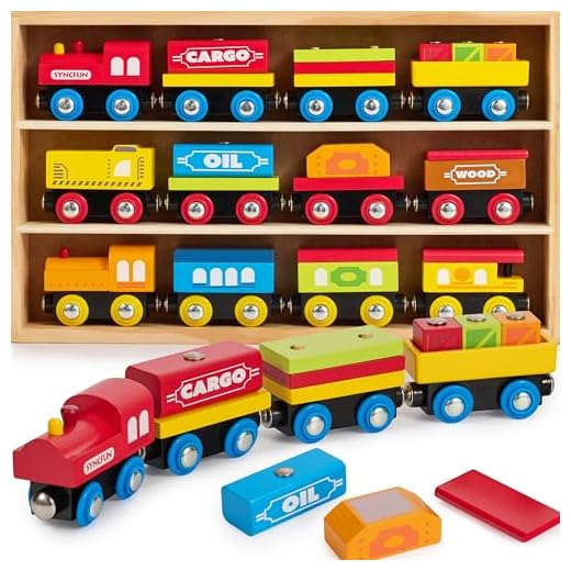 SYNCFUN Montessori Wooden Train Toy Set for Kids, 12PCS Magnetic Train Cars with Storage Gift Box, STEM Educational Toy for Boys & Girls, Ages 2-8 Years, Xmas Birthday Party Gift