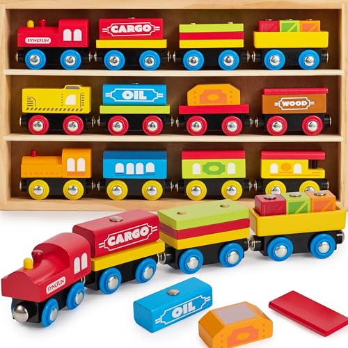 montessori wooden train toy set for kids 12pcs magnetic train cars with storage gift box stem educational toy for boys amp girls ages 2-8 years christmas birthday party gift