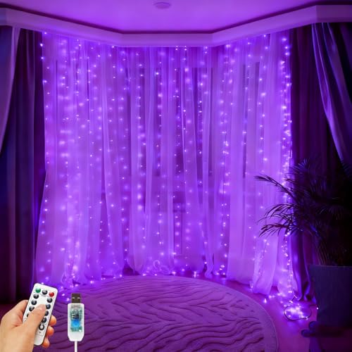 HOLITS 300 LED Fairy Curtain Lights, 9.8 x 9.8FT Purple USB Plug in 8 Modes Hanging Lights with Remote for Christmas, Bedroom, Indoor, Outdoor, Weddings, Party (Purple)