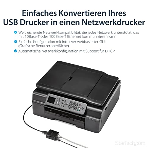 StarTech.com 10/100Mbit/s Ethernet auf USB 2.0 Netzwerk Printserver - Windows 10 - LPR - LAN USB Druckserver Adapter (PM1115U2)