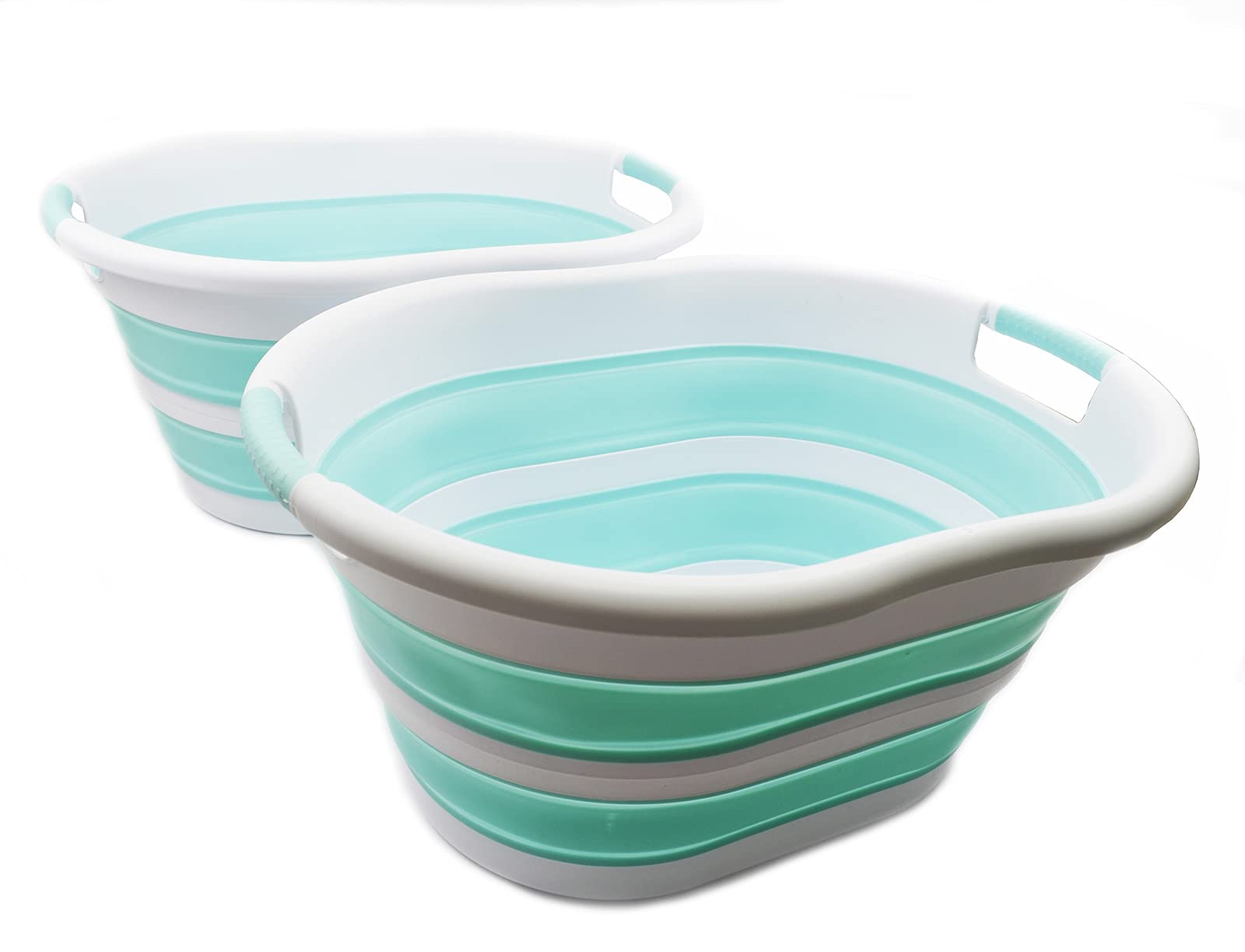 SAMMART 36L Set of 2 Collapsible Plastic Laundry Basket - Oval Tub - Foldable Storage Container - Portable Washing Tub - Space Saving Laundry Hamper, Water Capacity: 28L (2, White/Lake Green)