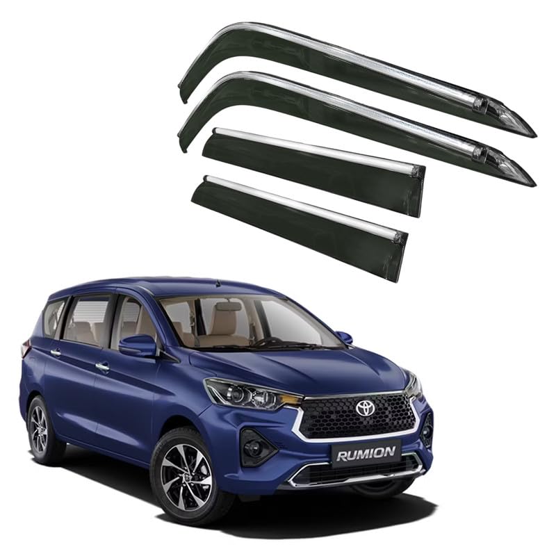 Image of CAR SAAZ Side Door Visors for Rumion(2023-Present)(Set of 4Pcs)|Chrome Lined Rain Guards, Polycarbonate, Smoke Finish