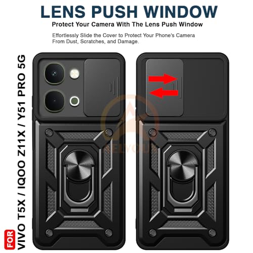 Image of Armor Bumper Back Cover Case for iQOO Z11X / Vivo T5X / Vivo Y51 Pro 5G | Rotating Camera Cover, Ring Holder & Kickstand | Heavy Duty & 360 Degree Protection Back Cover (Black)