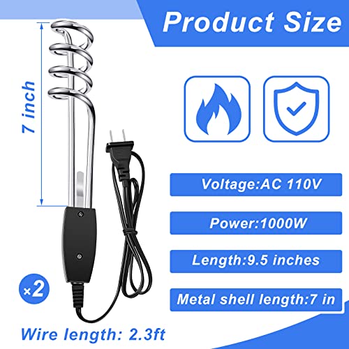 Retisee 2 Pieces Immersion Water Heater Immersion Heater 1000w 110v Electric Immersion Element Boiler Pool Heater Portable Water Heater Heating Rod for Inflatable Pool Camping Bathtub