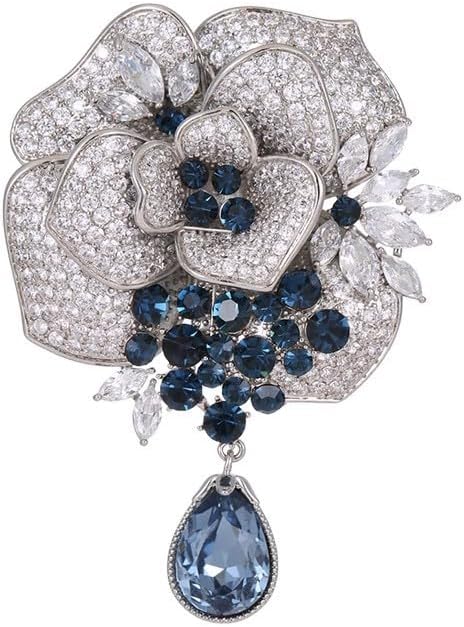 Luxury Crystal Rose Flower Brooch Pin with Teardrop Pendant, Silver and Navy Blue, Rhinestone Embellished, Wedding Party Formal Accessory image 5