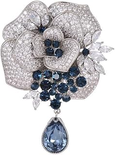Luxury Crystal Rose Flower Brooch Pin with Teardrop Pendant, Silver and Navy Blue, Rhinestone Embellished, Wedding Party Formal Accessory