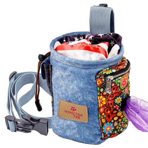 INSPECTOR TAIL Dog Treat Pouch w Cord Closure to Prevent Spills | 2 Cup Size | Hands Free - 4 Ways to Wear Tote | Pockets for Snacks Toys Poop Bags Keys Cards | Pet Training Walking & Rewarding Holder