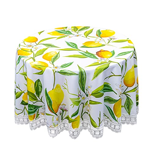 Vva Round Tablecloth Yellow Lemon Lace Tree Leaf Spring Summer Fruit Reusable Washable Polyester Lace Round Table Cloth For Dining Room Kitchen Decor Family Dinner Wedding Party Indoor Outdoor 60Inch #TOP5