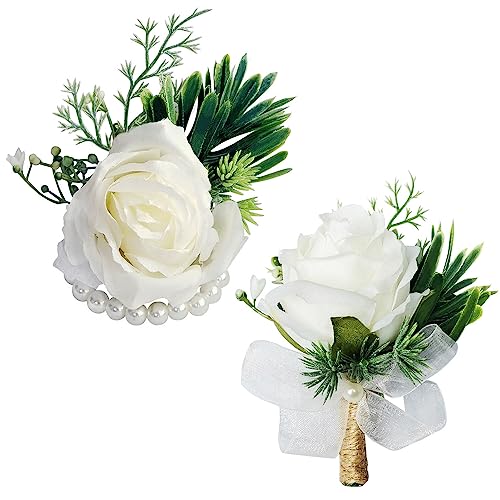Wrist Corsage and Boutonniere Set Artificial Brides White Rose Wristlet Band Bracelet and Men Boutonniere for Wedding Party Prom Flowers Accessories Decor