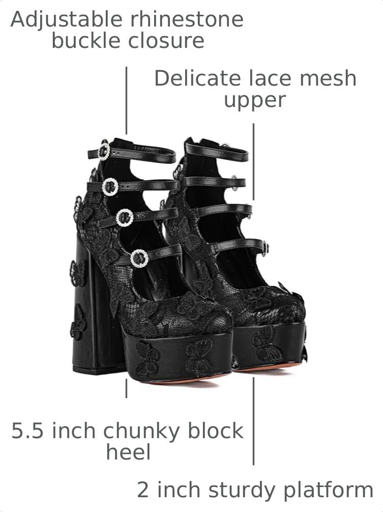 KISTANIA Women's Platform Chunky Heels with Lace Butterfly Square Toe Ankle Strap Mary-Jane Platform Pumps
