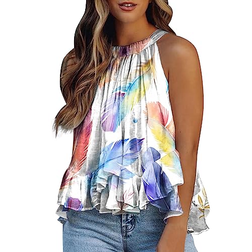 Halter Tank Tops For Women Summer Sexy Spaghetti Strap Sleeveless Camis Shirts Elegant Flowy Ruffle Hem Blouses #TOP30