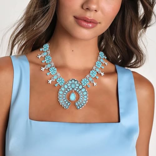 Flyonce Bohemian Turquoise Collar Necklace, Art Deco Flower Costume Statement Necklace for Women4
