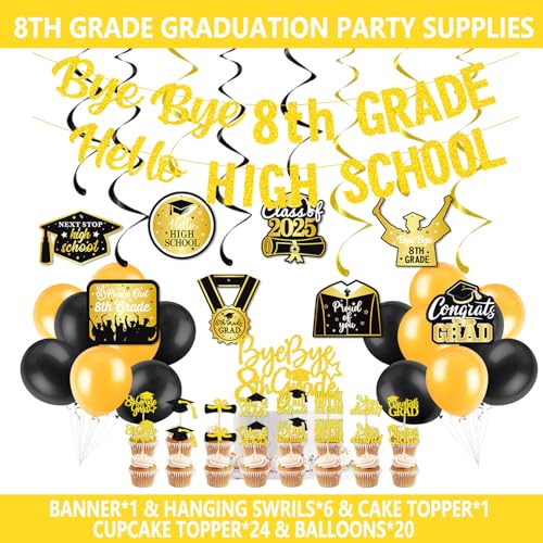 8TH Grade Graduation Decorations 2025 with Bye Bye 8th Grade Hello High School Banner, Cake Cupcake Toppers, Balloons, Hanging Swirls for Eighth Grade Graduation Party Supplies Sets 2025 - Thumbnail 3