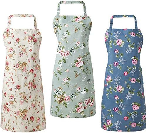 Geyoga 3 Pcs Adjustable Designer Kitchen Apron Lovely Apron for Women Adults Neck Strap with Pocket 25 x 31.5 Inch (Flowers)