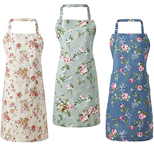 Geyoga 3 Pcs Adjustable Designer Kitchen Apron Lovely Apron For Women Adults Neck Strap With Pocket 25 X 31.5 Inch (Flowers) #TOP5