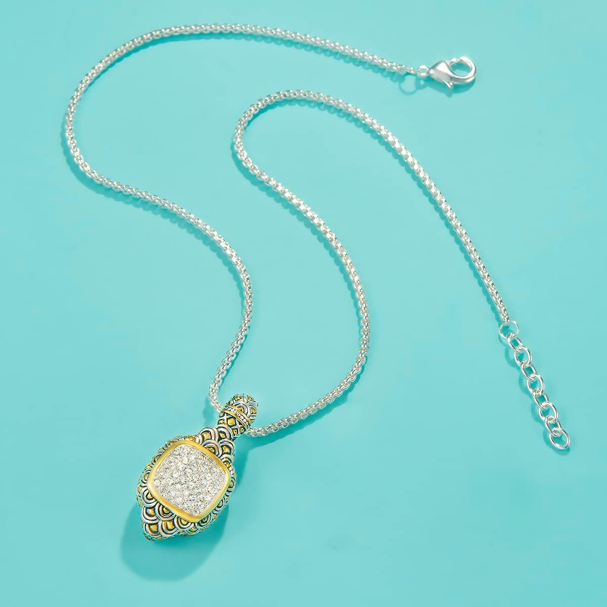 UNY JEWEL Jewelry Make a Statement with Our Two Tone Twisted Cable Wire Dragon Scale Enhancer Pendant Featuring Pave Rhinestone 2mm Box Chain 45cm + 5cm Extension - Image 3