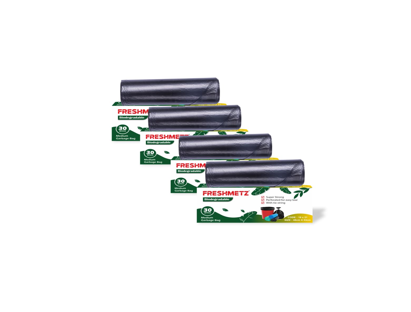 Biodegradable Garbage Bags, Medium Size, Black, 30 Bags per Roll (Black, Pack of 4)-image-43
