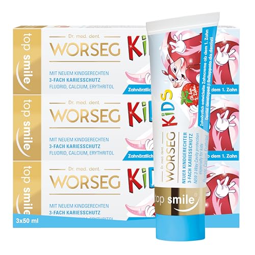 Dr. Worseg Top Smile Kids Gel dental con delicioso sabor a fresa a partir de 0 años, 3 x 50 ml