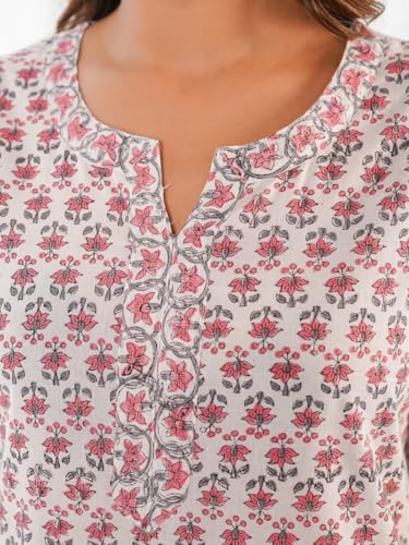 Image of GOODHAND Pure Cotton Floral Printed Long Kurta for Women | Straight Fit Ethnic Kurta | Round Neck 3 /4 Sleeve Kurta