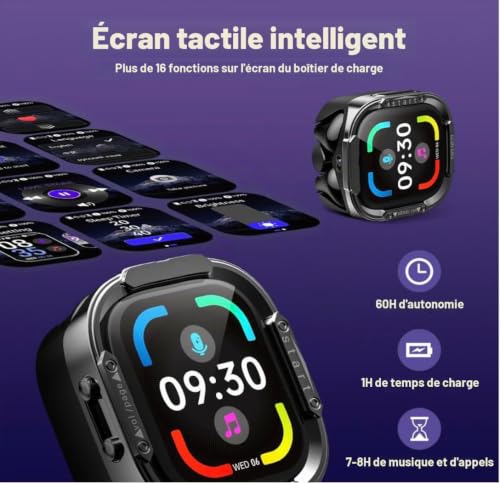 HTC NE70 Écouteurs Bluetooth sans fil avec étui de charge tactile, traduction IA, écouteurs Open-Fit, jusqu'à 60 heures de batterie, pilotes de 13 mm, IPX5, USB-C, Noir – vue 5
