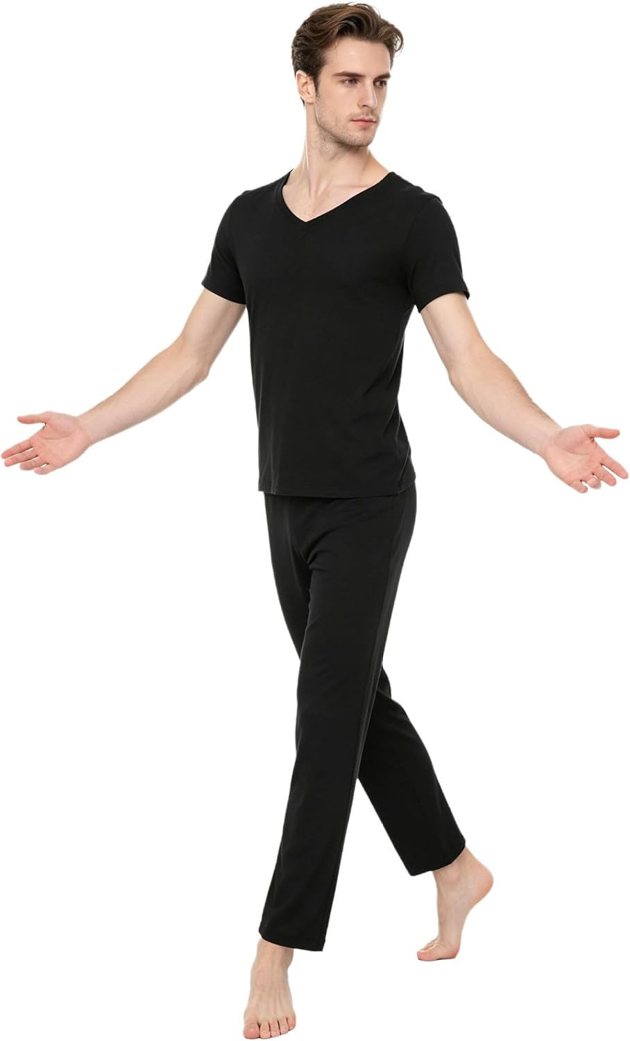 Men Two Piece Latin Dance Outfits Round-Neck Top + Loose Pants Training Performance Wear