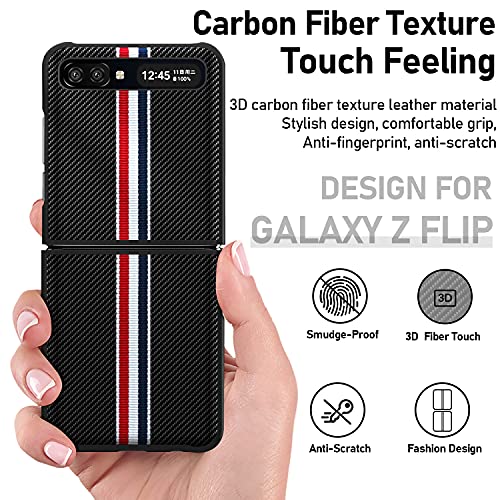 Vizvera Compatible With Samsung Galaxy Z Flip Case, Genuine Leather Ultra Thin Non-Slip Folding Cover Anti-Scratch Shockproof Protective Case For Samsung Z Flip 5G Case (Fiber Black) #TOP1