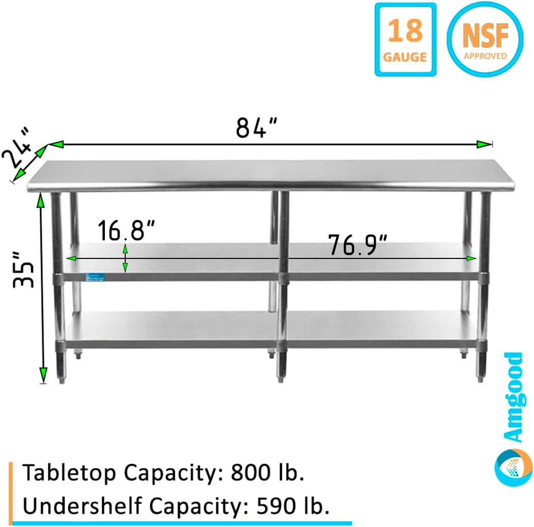 Stainless Steel Work Table with 2 Shelves | Metal Utility Table | Commercial & Residential NSF Utility Table (Stainless Steel Table with 2 Shelves, 84" Long x 24" Deep)