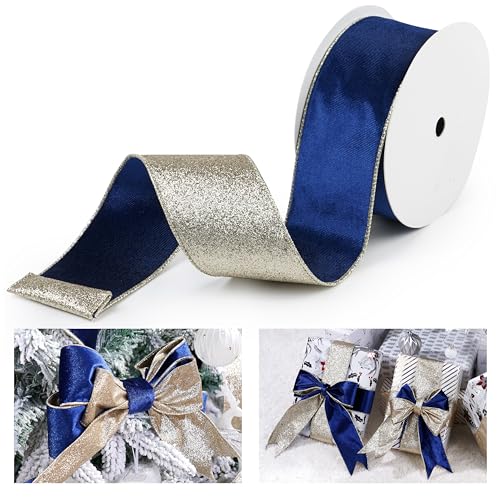 LIZLOVESS Blue Velvet Wired Ribbon with Glitter Back 2.5 Inch, 10 Yards