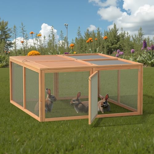 Chicken Coop, Wooden Rabbit Hutch Outdoor Indoor Folding Bunny Cage with Handle Portable Chicken Run with Top & Side Opening Doors Small Animal Playpen No Assembly Pet Poultry Cage for Bunny(Wood)