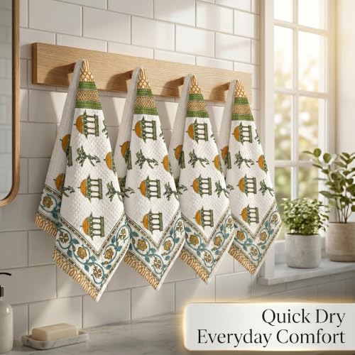 Image of Mafatlal Madhuban 250 GSM Waffle Bathing Towel Set | 4 Hand Towels 76 x 38 cm Each | Textured Weave | Body Scrubbing, Exfoliating & Cleansing Towels | Mustard Yellow