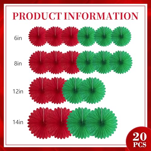 Image of 20 Pcs Red Green Hanging Paper Fan, Hanging Honeycomb Round Paper Fans for Weddings, Birthdays, Christmas, Baby Showers, Classroom, Events Ceiling Party Supplies Decorations
