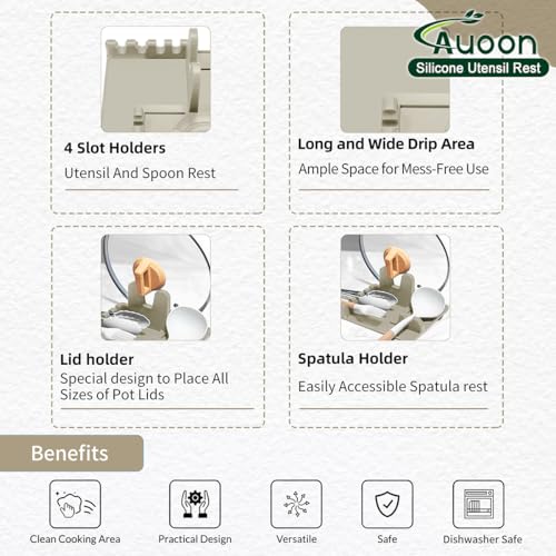 Image of Auoon Silicone Spoon Rest with Lid Holder - 3 in 1 Kitchen Utensil Rest for Soup Ladles, Pot Lids, Spatulas, Spoons, Tongs, BPA Free & Dishwasher Safe, 8.26 x 8.06 Inch (Milk Shake, Large)