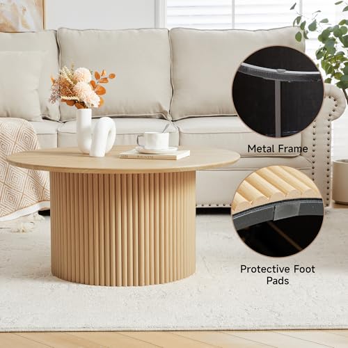 Image of 31.5 inch Round Coffee Table, Modern Fluted Accent Center Table with Metal Frame, Wooden Circle Coffee Tables for Living Room Small Space or Office (Natural)