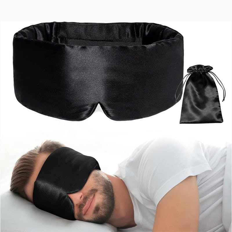 100% Mulberry Silk Sleep Mask Eye Mask for Man and Woman with Adjustable Headband Mask fits All Heads Adjustable Blindfold forTotal Blackout for All Night Sleep Travel & NapWith storage bag (Black)