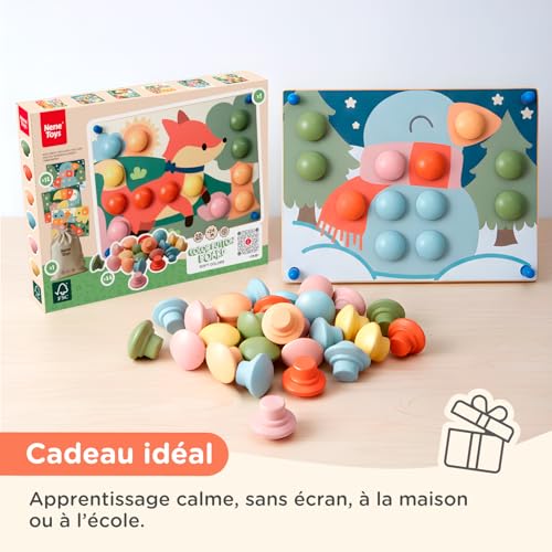 Nene Toys Jouet Enfant 2 Ans – Puzzle en Bois Montessori Mosaïque (Édition Pastel) avec Boutons en Bois & Cartes – Motricité Fine, Apprendre Les Couleurs – Cadeau Éducatif 2-3 Ans – vue 6
