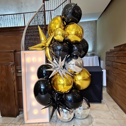 Image of 12PCS Metallic Black Round Foil Balloons 22 inch 15 inch 10 inch Large Mylar Balloons | Shiny Black 4D Ball Balloons for Birthday Party, Graduation, Wedding, Christmas, New Year, Disco Prom Party Decorations