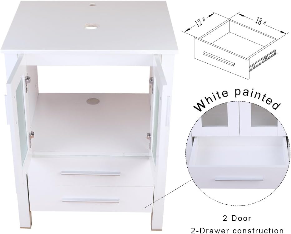 24" Bathroom Vanity Top Modern with 2 Drawers Wood MDF 20-inch Deep, Bathroom Vanity Cabinet Without Mirror (White)